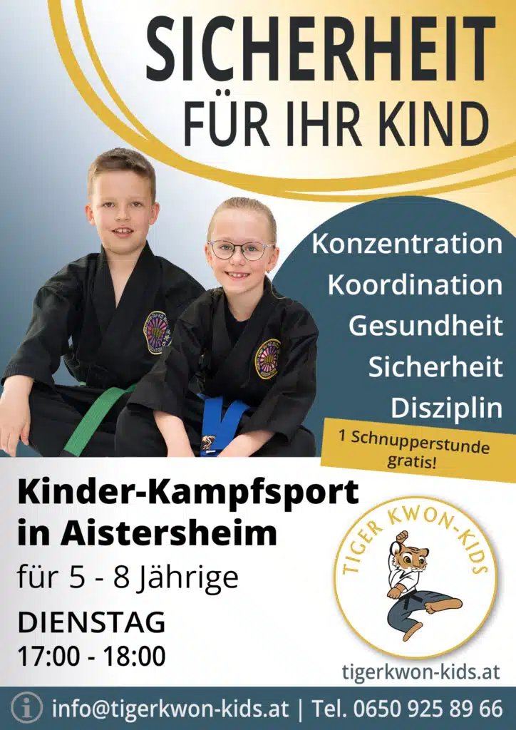 Flyer des Tiger Kwon - Kids Standorts in Aistersheim mit Informationen zu Trainingsort und -zeit, illustriert durch fröhliche Jungen und Mädchen.