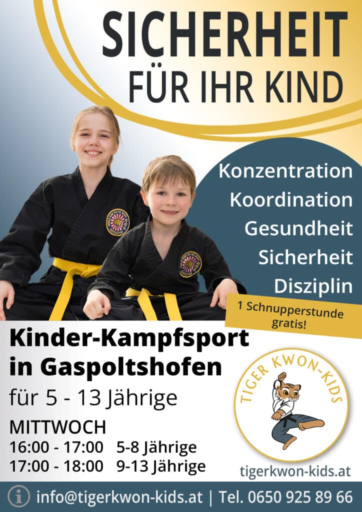 Flyer des Tiger Kwon - Kids Standorts in Gaspoltshofen mit Informationen zu Trainingsort und -zeit, illustriert durch fröhliche Jungen und Mädchen.