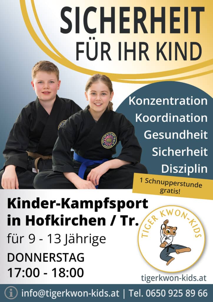 Flyer des Tiger Kwon - Kids Standorts in Hofkirchen an der Trattnach mit Informationen zu Trainingsort und -zeit, illustriert durch fröhliche Jungen und Mädchen.