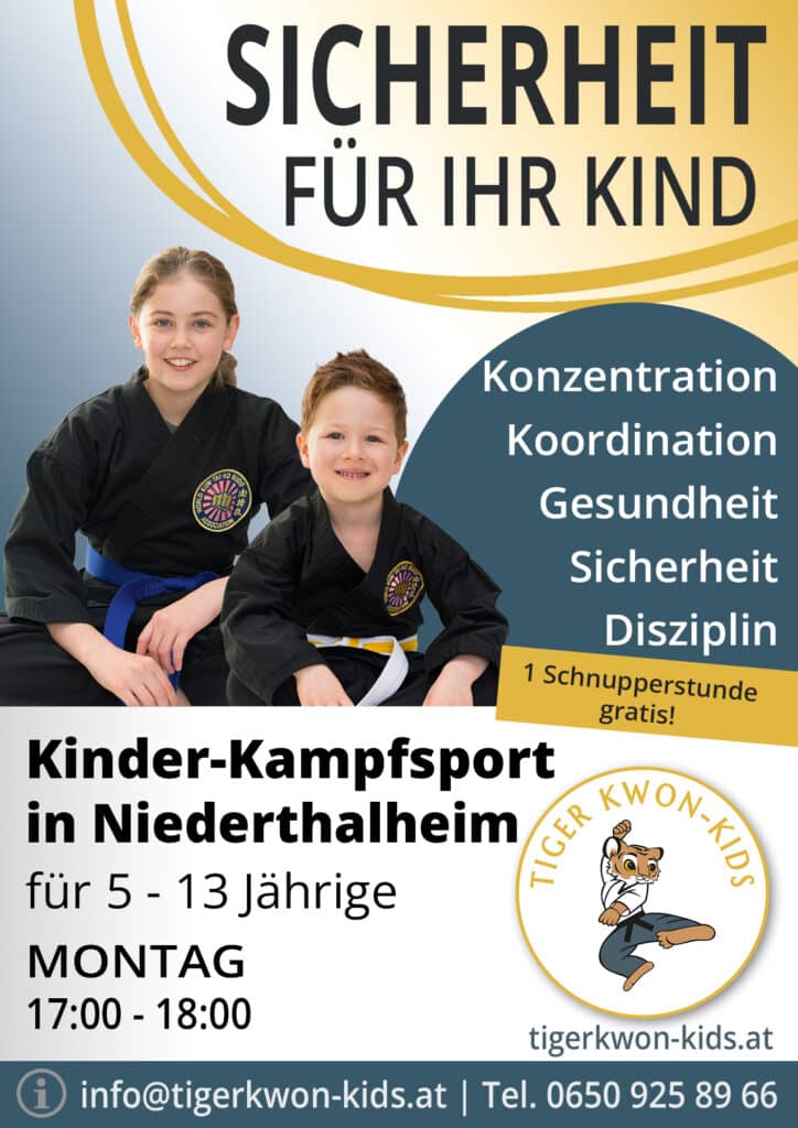 Flyer des Tiger Kwon - Kids Standorts in Niederthalheim mit Informationen zu Trainingsort und -zeit, illustriert durch fröhliche Jungen und Mädchen.